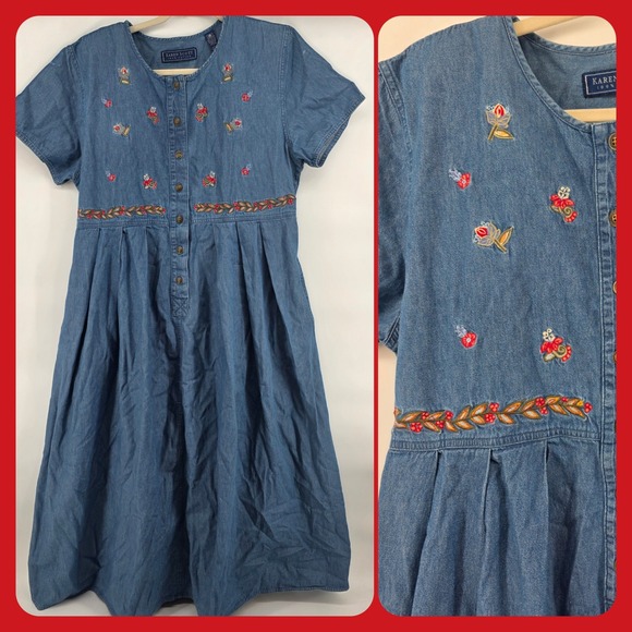 Karen Scott Dresses & Skirts - Karen Scott L Denim Dress Floral Embroidered Button Front Short Sleeve midi maxi
